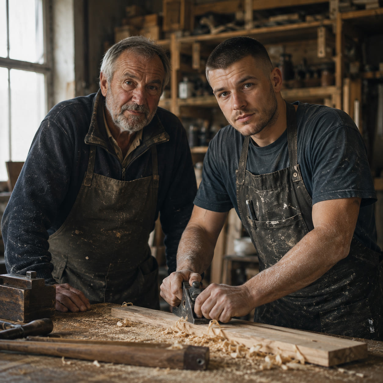 Father and son joiners at the bench in their workshop