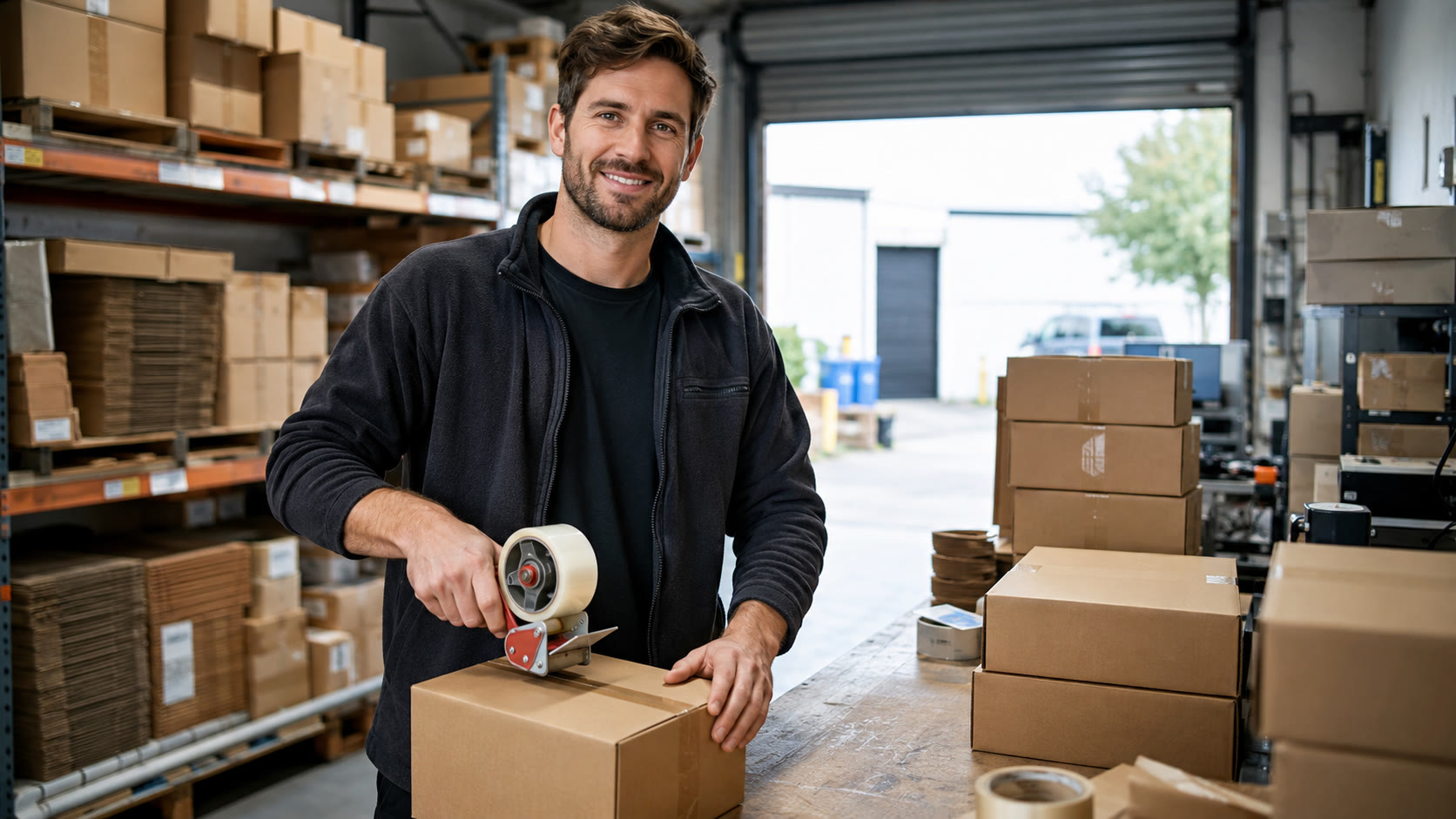 Distribution warehouse with orders being packed