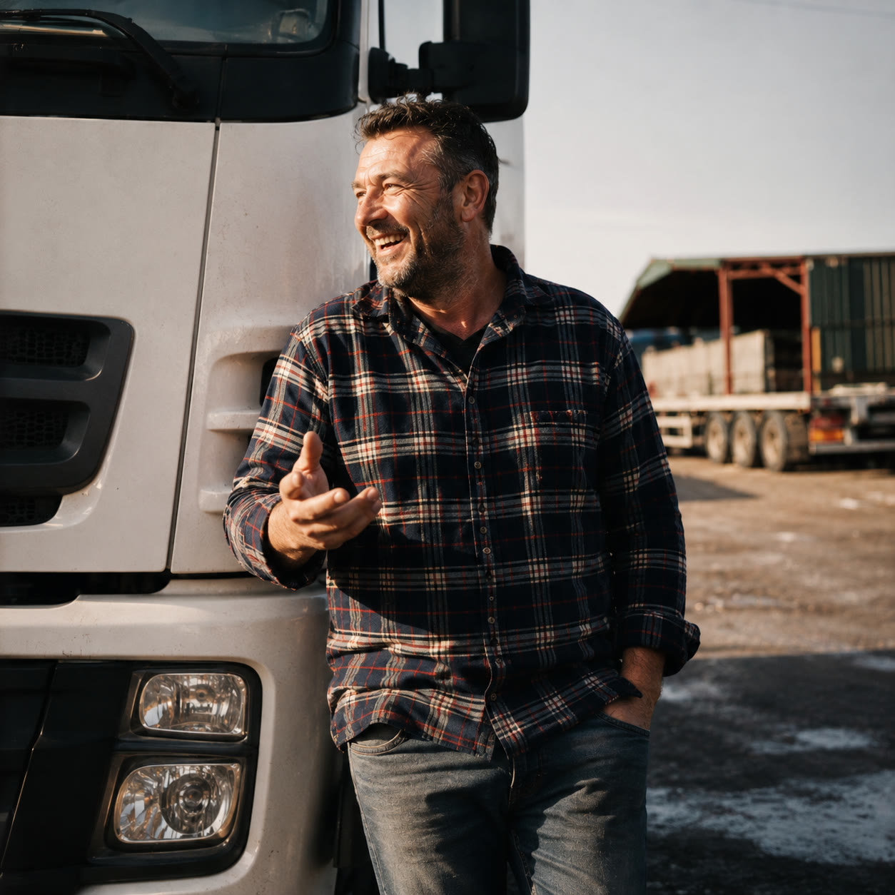 Logistics group owner in the yard beside his fleet