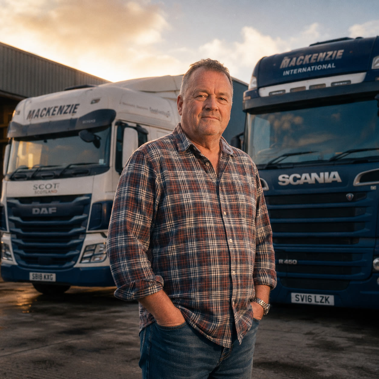 Haulage firm owner standing in front of his trucks